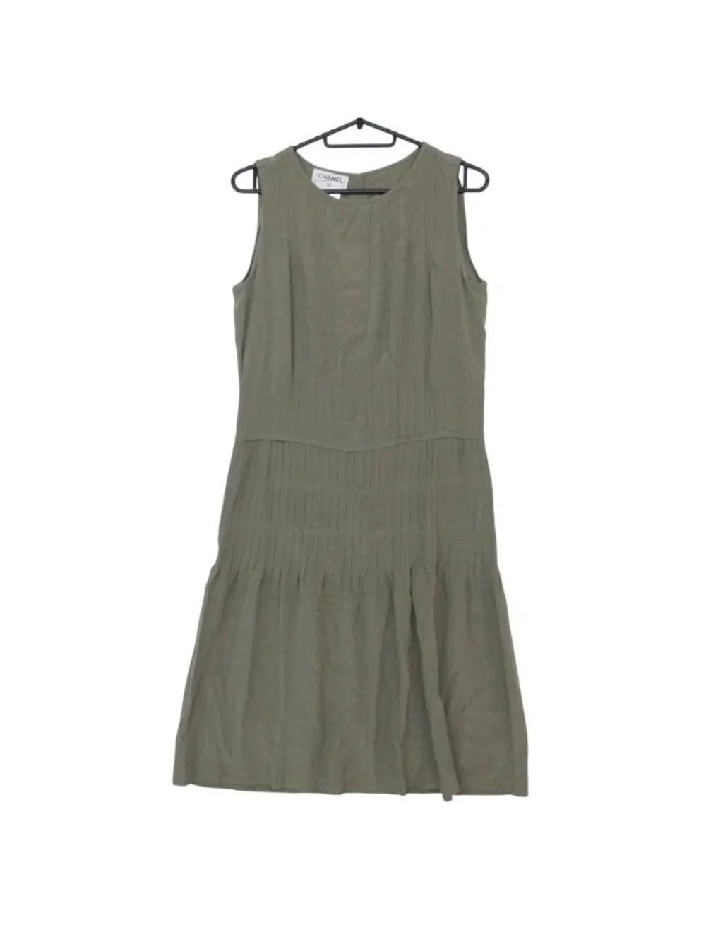 Chanel Dress Silk 100% CC Logo with Button Sleeveless Knee Length Khaki Green